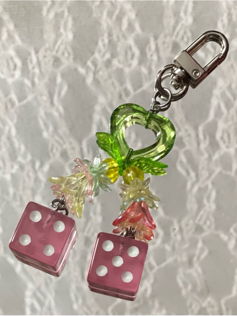 Pink Dice & Green Heart Cherry Keychain Charm